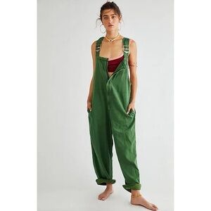 We The Free Green Oversized Cotton Overalls with Burgundy Bralette